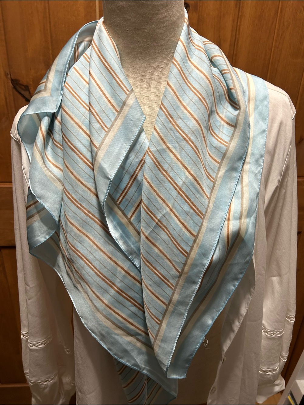 Silk Cleobella Light Blue Striped Scarf with Tan & White Lines 33x33